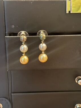 Tahitian, Australian White, and Golden Pearl Earrings with 18K Gold and Diamonds